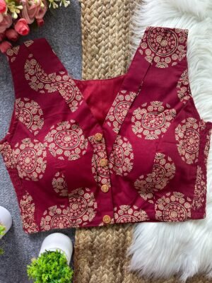 MAROON Ajrakh Print Sleeveless Front Button Designer Blouse for Women